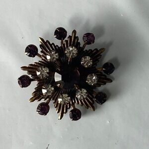 Vintage Starburst Brooch Purple Clear Rhinestone Gold Tone Mid Century Pin 1.25"